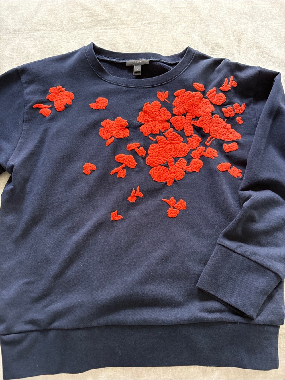 J. Crew Navy Crewneck Top with Red Floral Appliqué